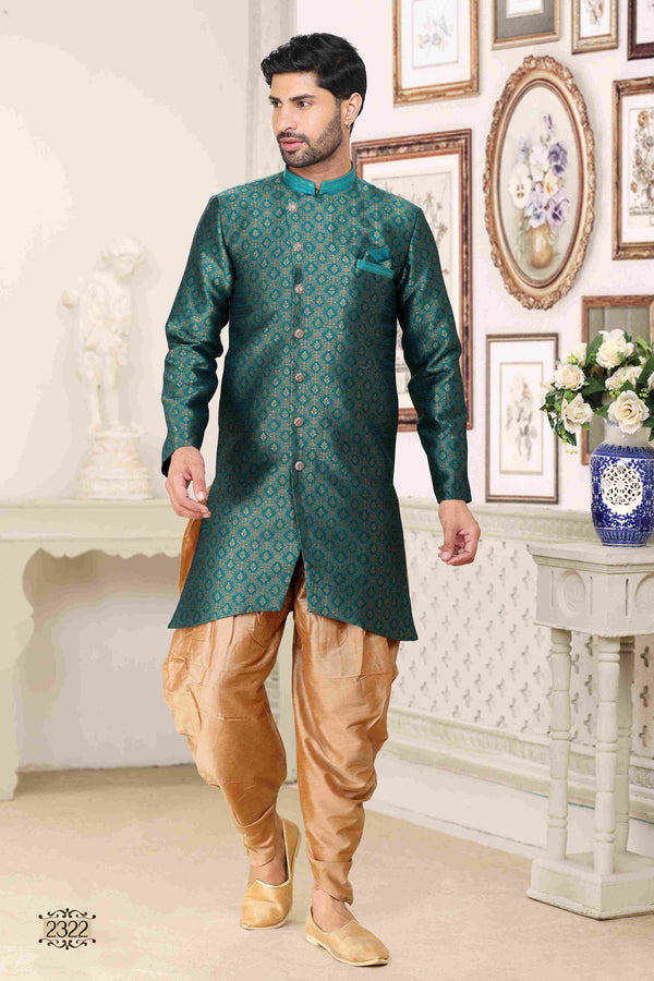 Raivat Ethnic Banarasi Jacquard Embroidery Semi Indo Western Sherwani In Green Colour
