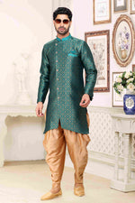 Thumbnail for Raivat Ethnic Banarasi Jacquard Embroidery Semi Indo Western Sherwani In Green Colour