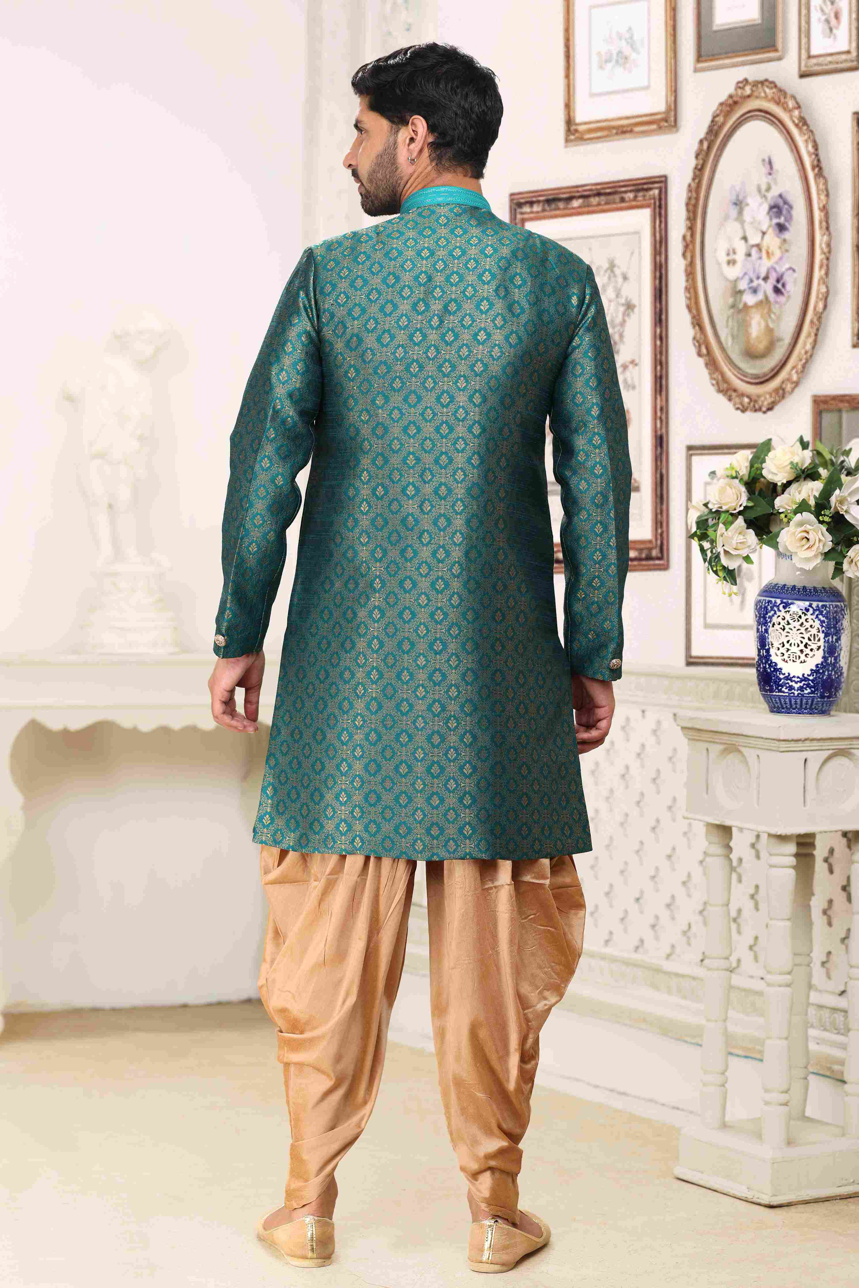 Raivat Ethnic Banarasi Jacquard Embroidery Semi Indo Western Sherwani In Green Colour