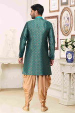 Thumbnail for Raivat Ethnic Banarasi Jacquard Embroidery Semi Indo Western Sherwani In Green Colour