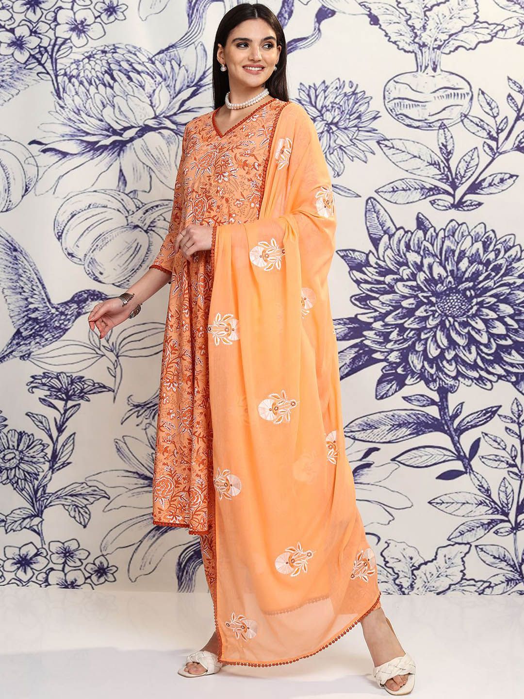 Vishudh Peach Floral Printed Regular Pure Cotton Kurta with Trousers & Dupatta - Distacart