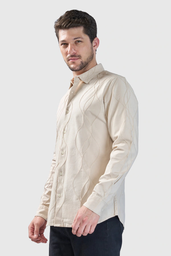 Xkind Beige Embroidery Full Sleeve Slim Fit Shirt