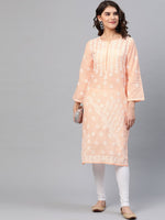 Thumbnail for ADA Women Peach-Coloured & White Chikankari Embroidered Cotton Straight Sustainable Kurta - Distacart