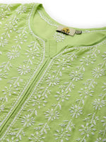 Thumbnail for ADA Women Green & White Ethnic Motifs Chikankari Hand Embroidered Sustainable Kurta - Distacart