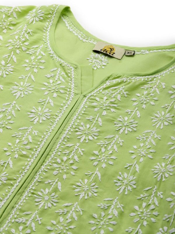 ADA Women Green & White Ethnic Motifs Chikankari Hand Embroidered Sustainable Kurta - Distacart