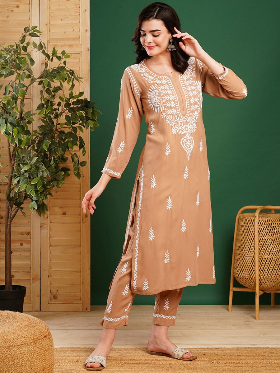 ADA Ethnic Motifs Embroidered Chikankari Kurta with Trousers - Distacart