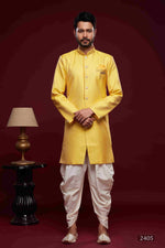 Thumbnail for Raivat Ethnic Banarasi Jacquard Embroidery Semi Indo Western Sherwani In Yellow Colour