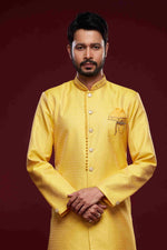 Thumbnail for Raivat Ethnic Banarasi Jacquard Embroidery Semi Indo Western Sherwani In Yellow Colour
