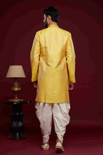 Thumbnail for Raivat Ethnic Banarasi Jacquard Embroidery Semi Indo Western Sherwani In Yellow Colour