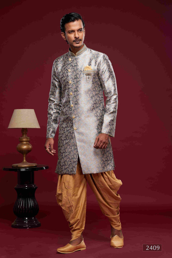 Raivat Ethnic Banarasi Jacquard Embroidery Semi Indo Western Sherwani In Grey Colour
