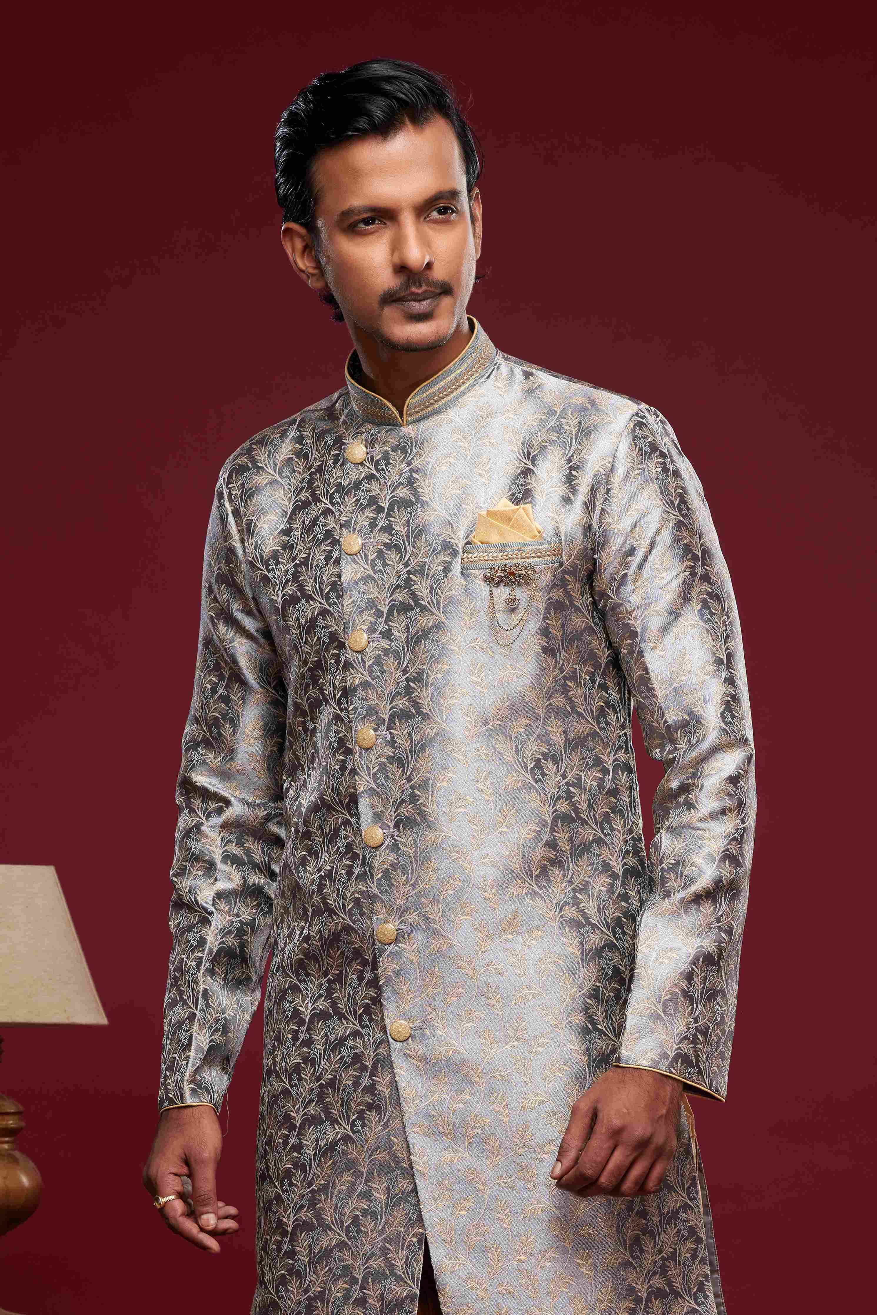 Raivat Ethnic Banarasi Jacquard Embroidery Semi Indo Western Sherwani In Grey Colour
