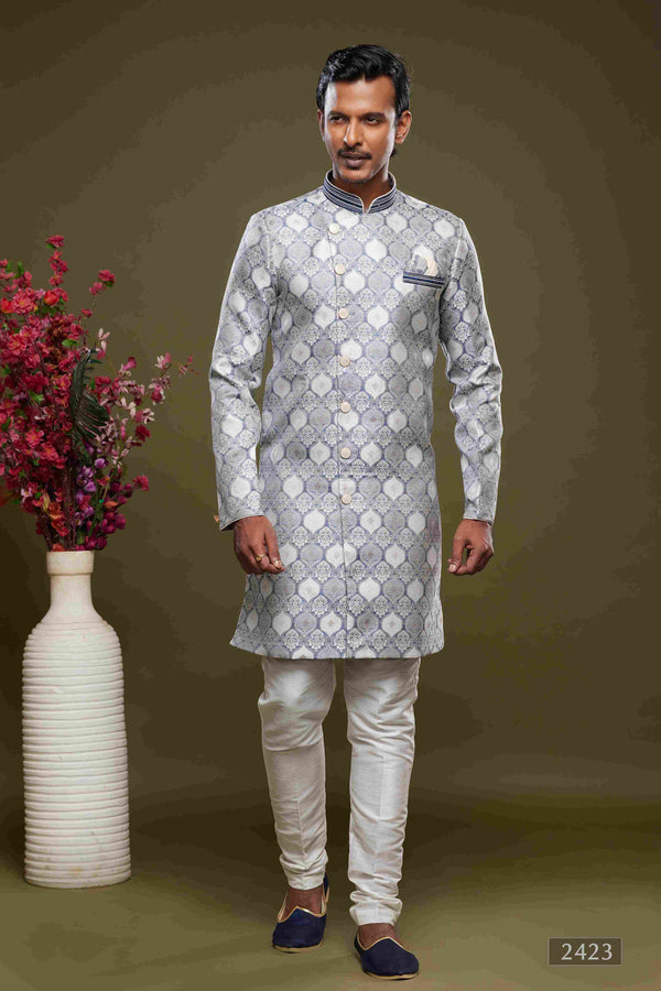 Raivat Ethnic Banarasi Jacquard Embroidery Semi Indo Western Sherwani In Grey Colour