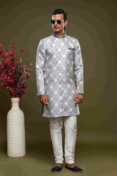 Raivat Ethnic Banarasi Jacquard Embroidery Semi Indo Western Sherwani In Grey Colour