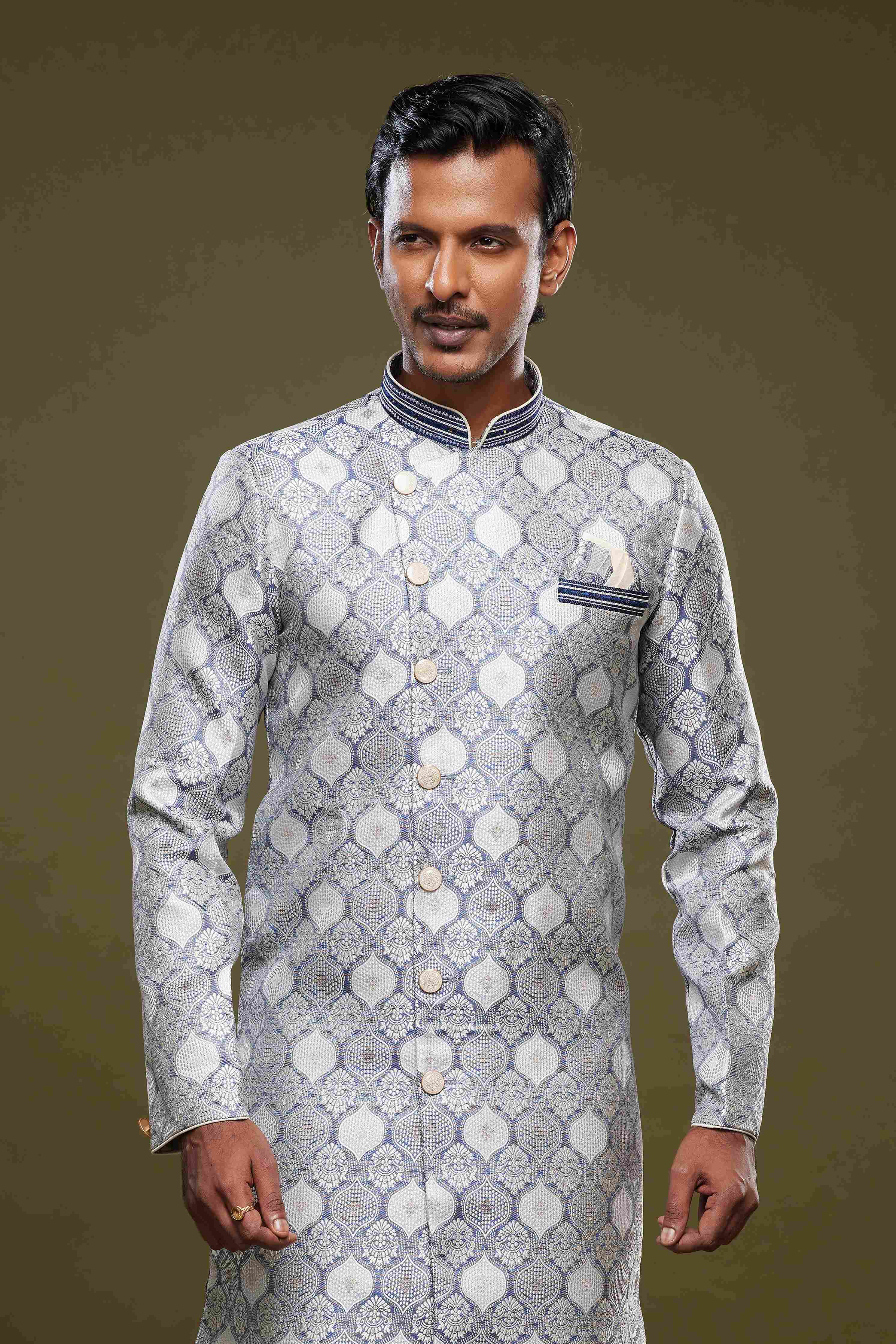 Raivat Ethnic Banarasi Jacquard Embroidery Semi Indo Western Sherwani In Grey Colour