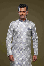 Thumbnail for Raivat Ethnic Banarasi Jacquard Embroidery Semi Indo Western Sherwani In Grey Colour