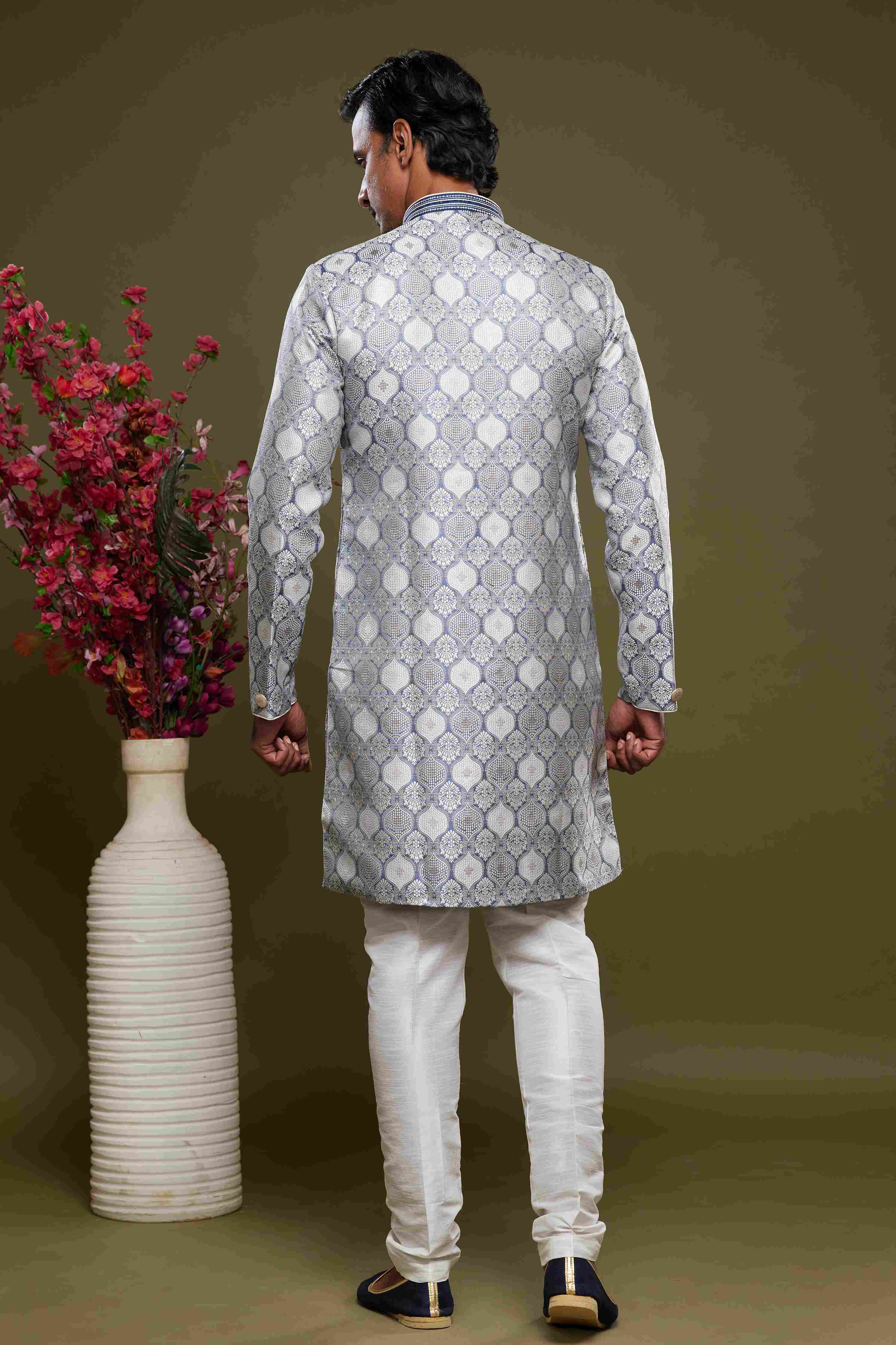 Raivat Ethnic Banarasi Jacquard Embroidery Semi Indo Western Sherwani In Grey Colour