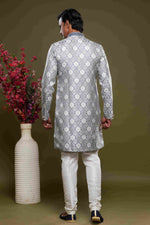 Thumbnail for Raivat Ethnic Banarasi Jacquard Embroidery Semi Indo Western Sherwani In Grey Colour