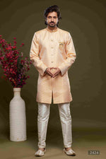 Thumbnail for Raivat Ethnic Banarasi Jacquard Embroidery Semi Indo Western Sherwani In Orange Colour