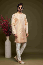 Thumbnail for Raivat Ethnic Banarasi Jacquard Embroidery Semi Indo Western Sherwani In Orange Colour