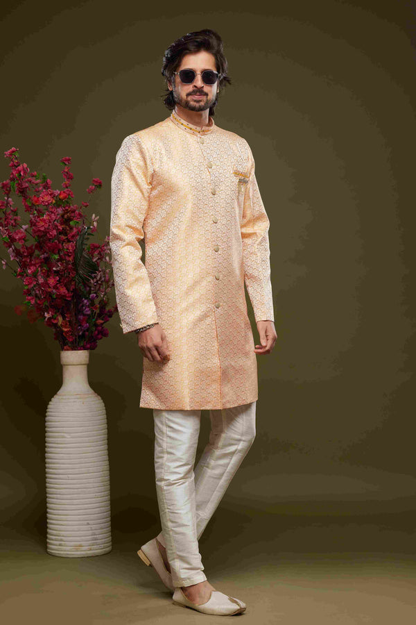 Raivat Ethnic Banarasi Jacquard Embroidery Semi Indo Western Sherwani In Orange Colour