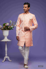 Thumbnail for Raivat Ethnic Banarasi Jacquard Embroidery Semi Indo Western Sherwani In Pink Colour