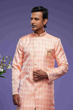 Thumbnail for Raivat Ethnic Banarasi Jacquard Embroidery Semi Indo Western Sherwani In Pink Colour