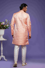 Thumbnail for Raivat Ethnic Banarasi Jacquard Embroidery Semi Indo Western Sherwani In Pink Colour
