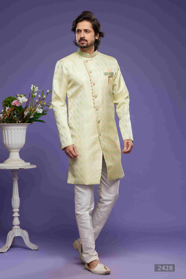Raivat Ethnic Banarasi Jacquard Embroidery Semi Indo Western Sherwani In Pista Green Colour