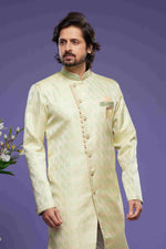 Thumbnail for Raivat Ethnic Banarasi Jacquard Embroidery Semi Indo Western Sherwani In Pista Green Colour