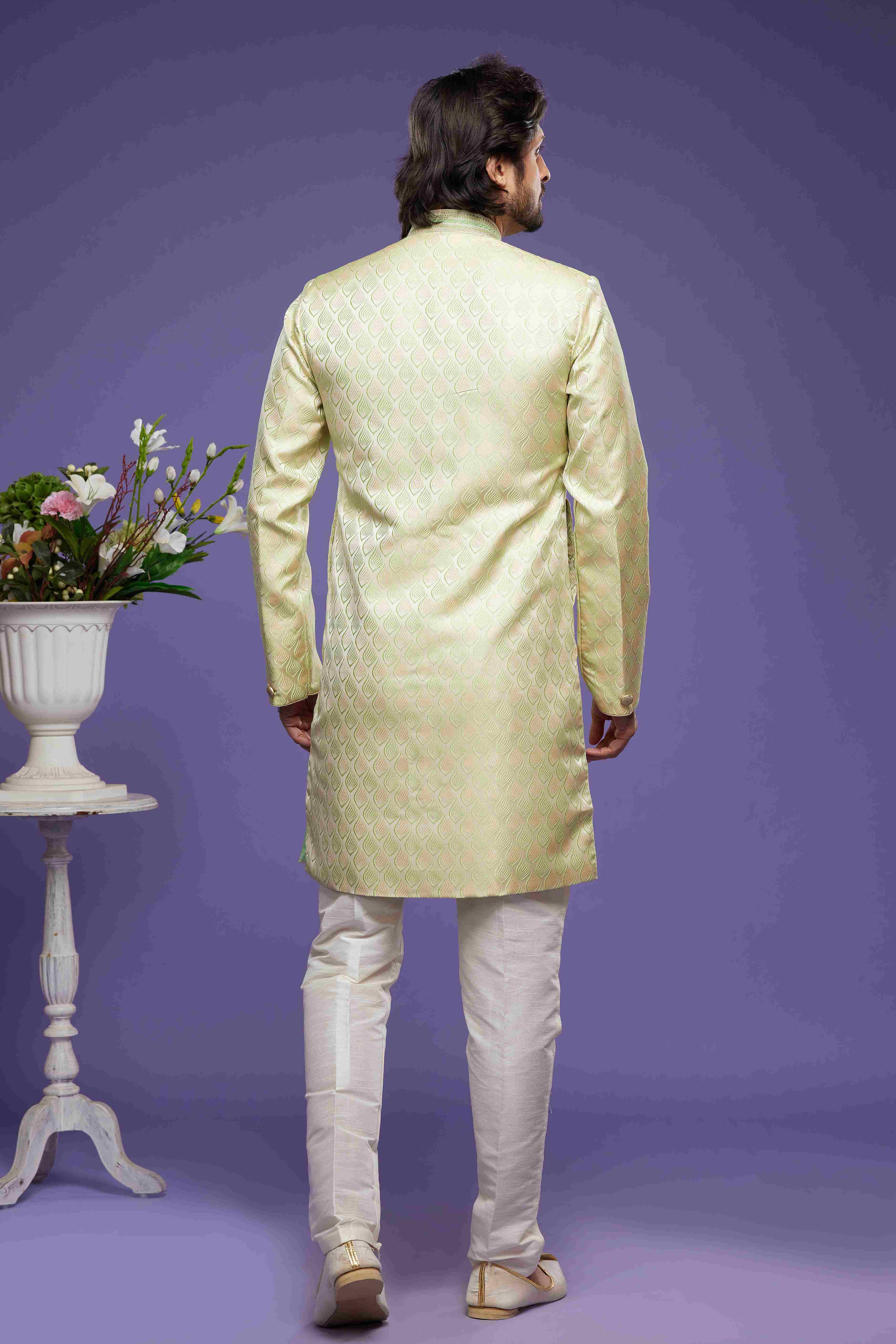 Raivat Ethnic Banarasi Jacquard Embroidery Semi Indo Western Sherwani In Pista Green Colour