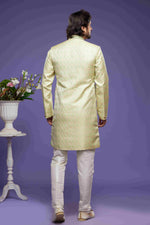 Thumbnail for Raivat Ethnic Banarasi Jacquard Embroidery Semi Indo Western Sherwani In Pista Green Colour