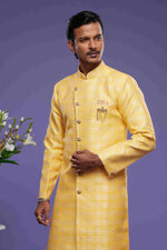 Thumbnail for Raivat Ethnic Banarasi Jacquard Embroidery Semi Indo Western Sherwani In Yellow Colour