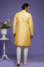 Thumbnail for Raivat Ethnic Banarasi Jacquard Embroidery Semi Indo Western Sherwani In Yellow Colour