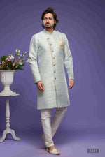 Thumbnail for Raivat Ethnic Banarasi Jacquard Embroidery Semi Indo Western Sherwani In Sky Blue Colour