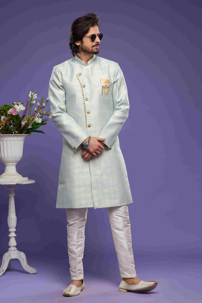 Raivat Ethnic Banarasi Jacquard Embroidery Semi Indo Western Sherwani In Sky Blue Colour