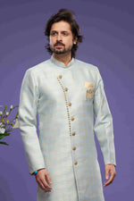 Thumbnail for Raivat Ethnic Banarasi Jacquard Embroidery Semi Indo Western Sherwani In Sky Blue Colour