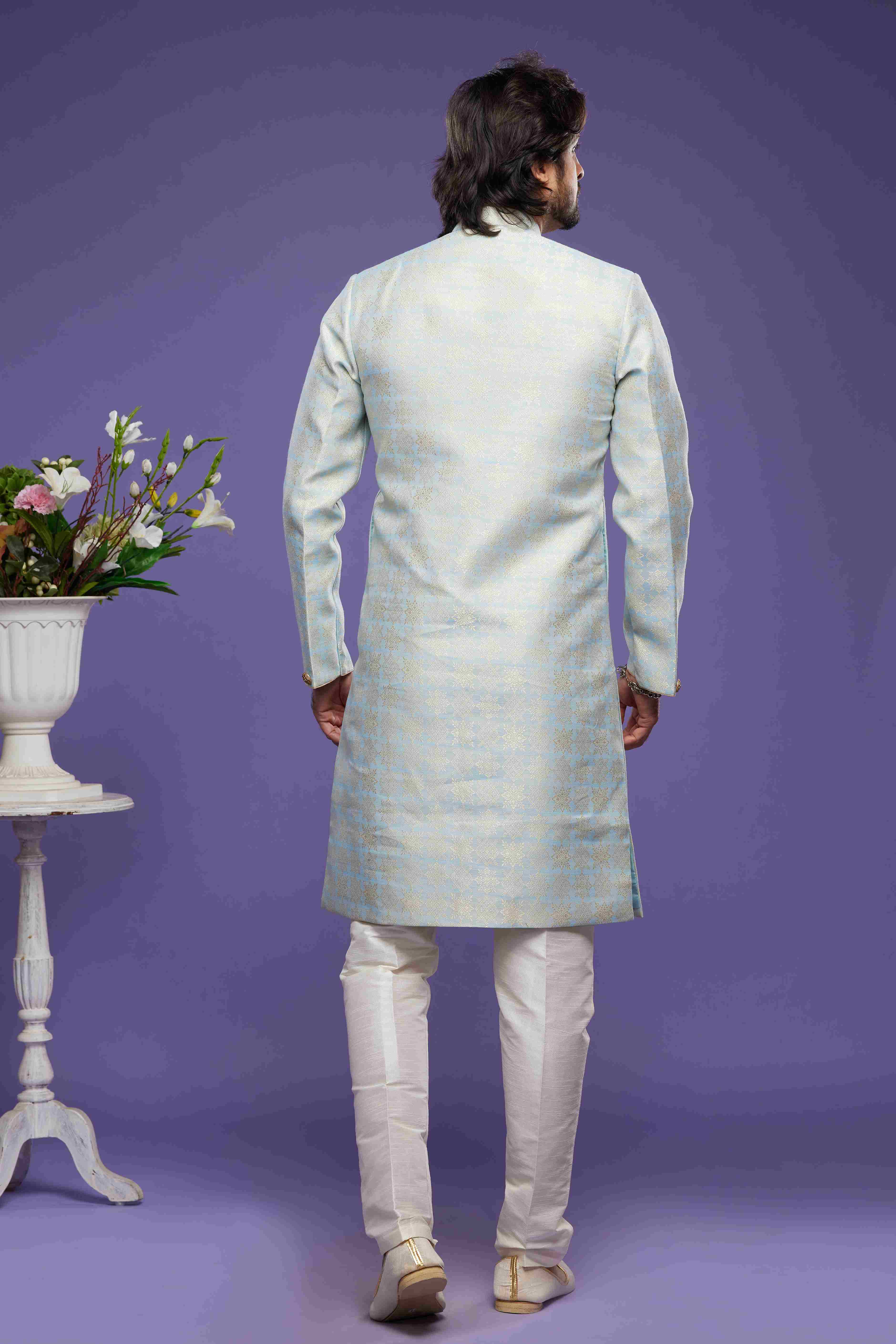 Raivat Ethnic Banarasi Jacquard Embroidery Semi Indo Western Sherwani In Sky Blue Colour