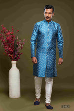 Thumbnail for Raivat Ethnic Banarasi Jacquard Embroidery Semi Indo Western Sherwani In Blue Colour