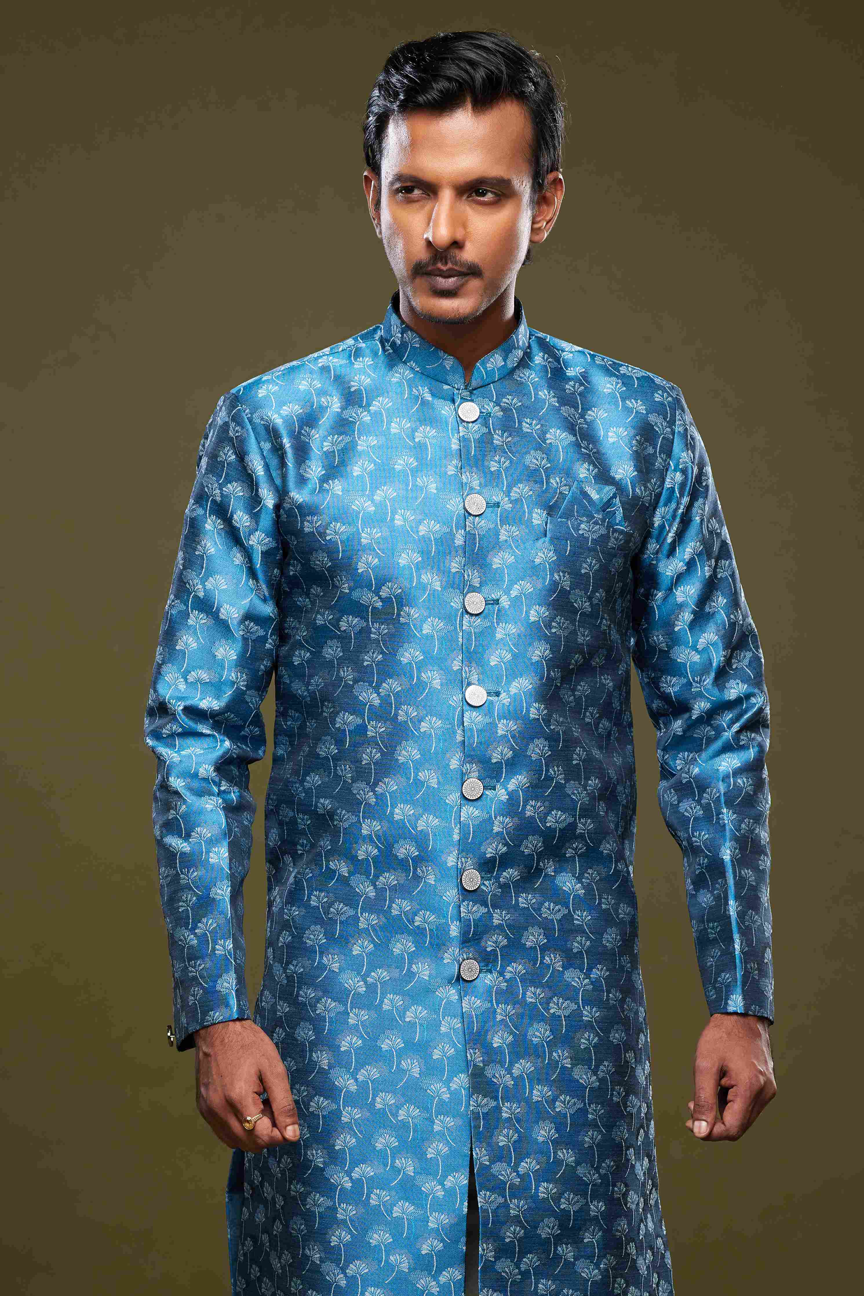 Raivat Ethnic Banarasi Jacquard Embroidery Semi Indo Western Sherwani In Blue Colour