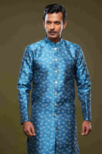 Thumbnail for Raivat Ethnic Banarasi Jacquard Embroidery Semi Indo Western Sherwani In Blue Colour