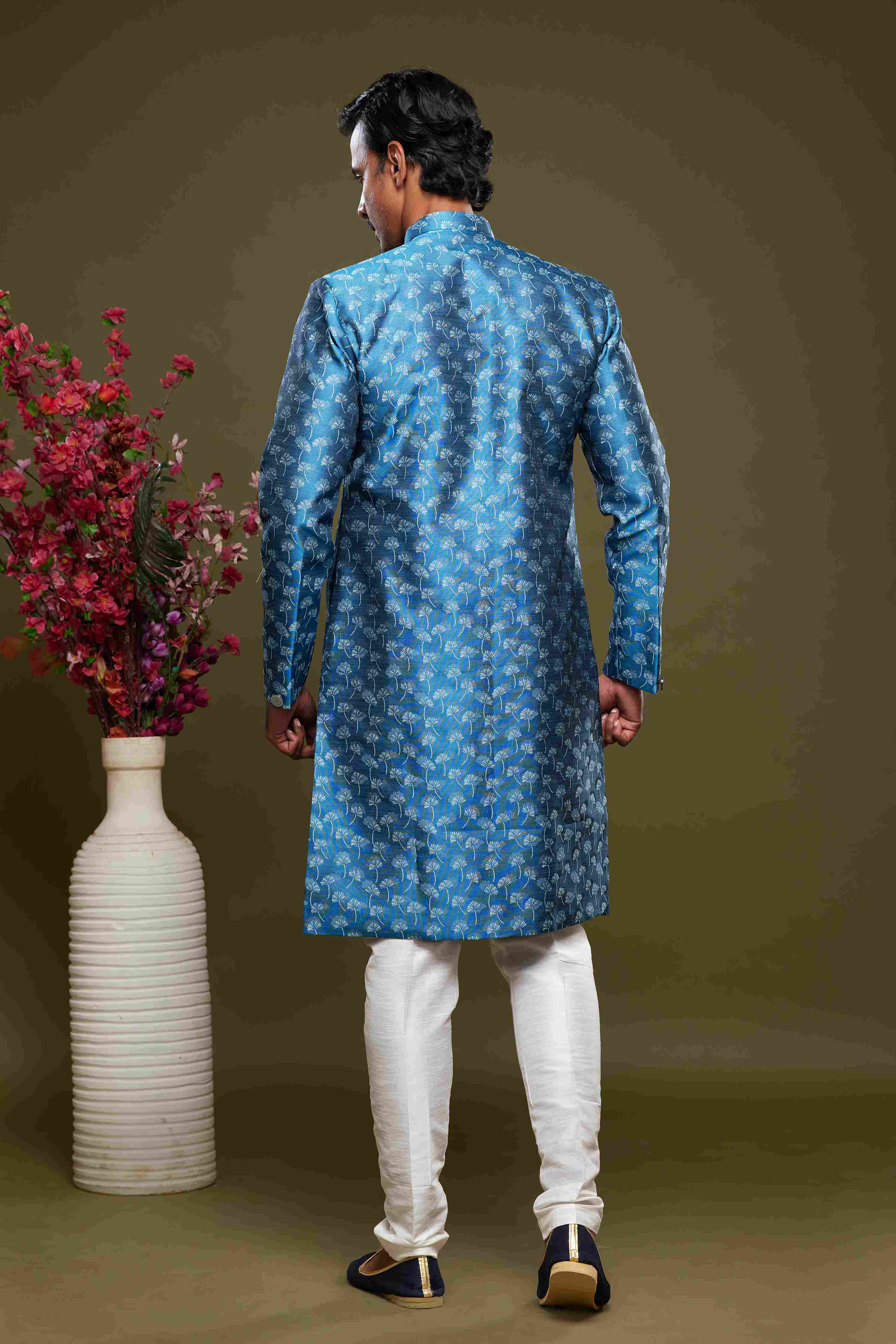 Raivat Ethnic Banarasi Jacquard Embroidery Semi Indo Western Sherwani In Blue Colour