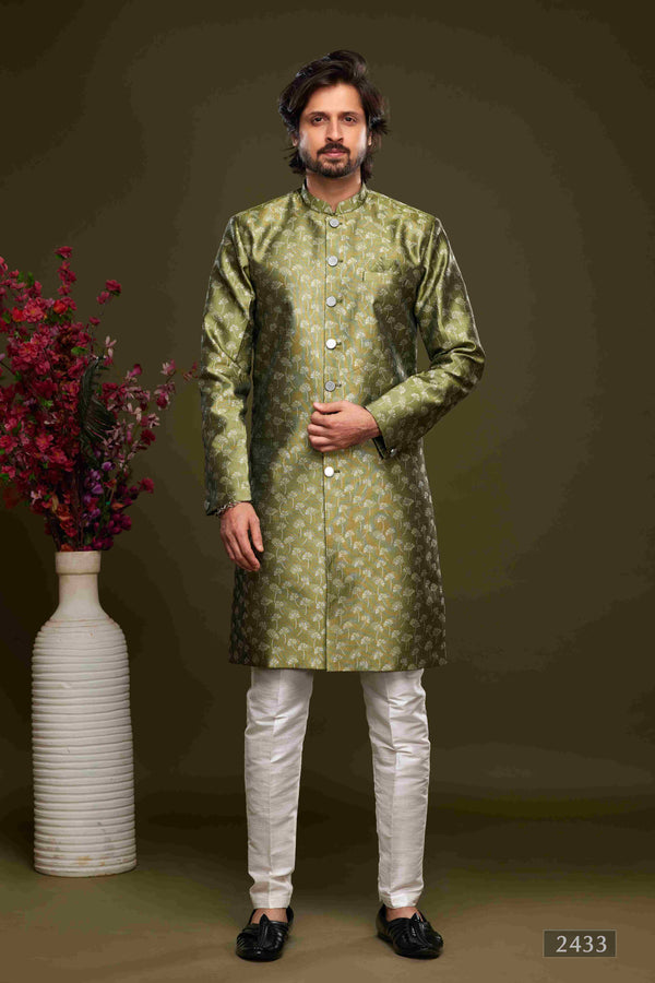 Raivat Ethnic Banarasi Jacquard Embroidery Semi Indo Western Sherwani In Green Colour
