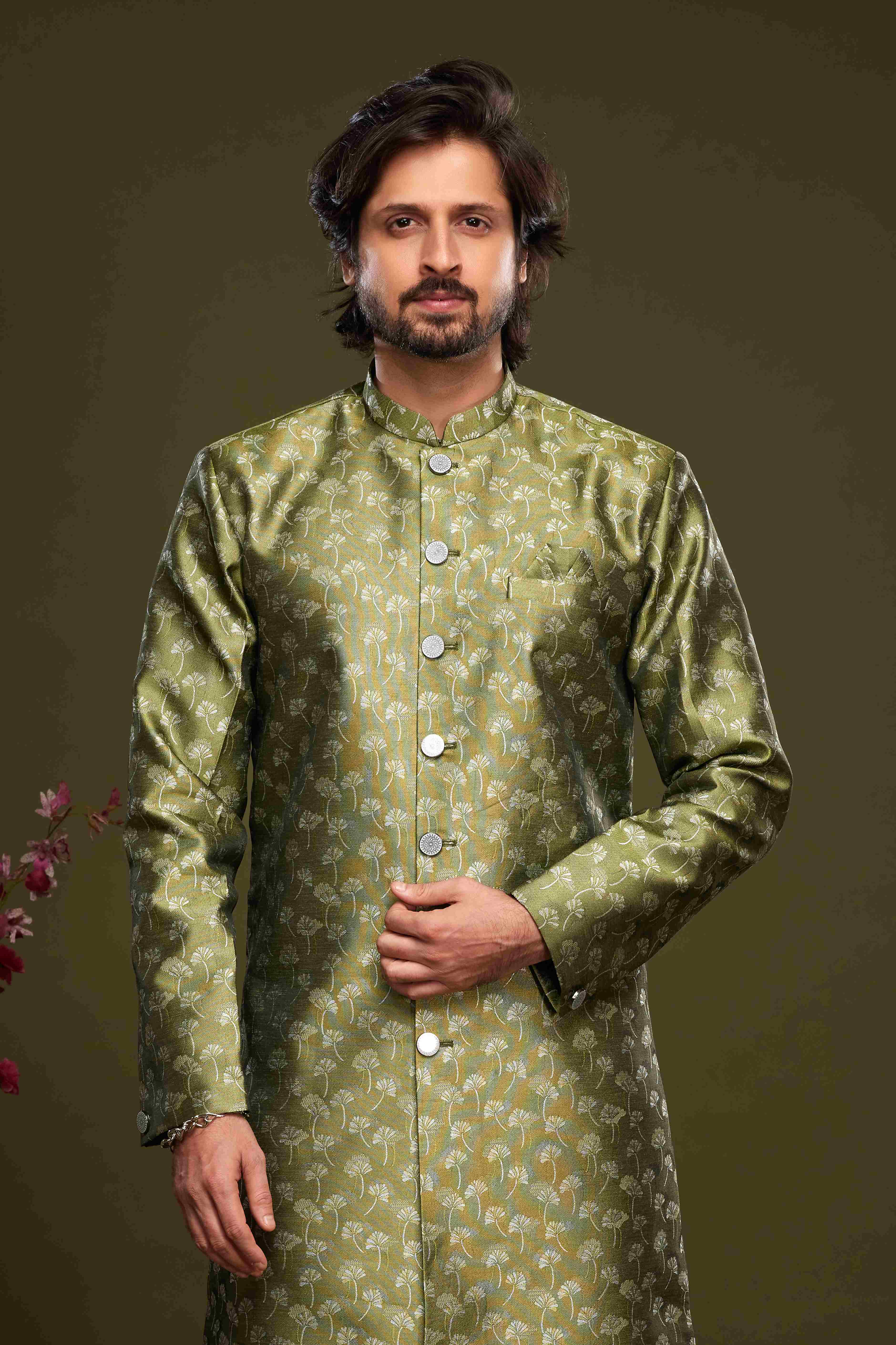 Raivat Ethnic Banarasi Jacquard Embroidery Semi Indo Western Sherwani In Green Colour