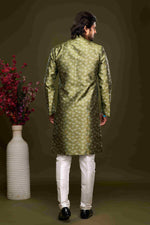 Thumbnail for Raivat Ethnic Banarasi Jacquard Embroidery Semi Indo Western Sherwani In Green Colour