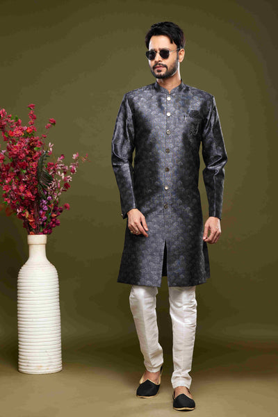 Raivat Ethnic Banarasi Jacquard Embroidery Semi Indo Western Sherwani In Black Colour