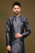 Thumbnail for Raivat Ethnic Banarasi Jacquard Embroidery Semi Indo Western Sherwani In Black Colour