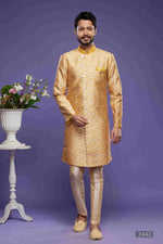 Thumbnail for Raivat Ethnic Banarasi Jacquard Embroidery Semi Indo Western Sherwani In Yellow Colour