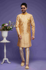 Thumbnail for Raivat Ethnic Banarasi Jacquard Embroidery Semi Indo Western Sherwani In Yellow Colour