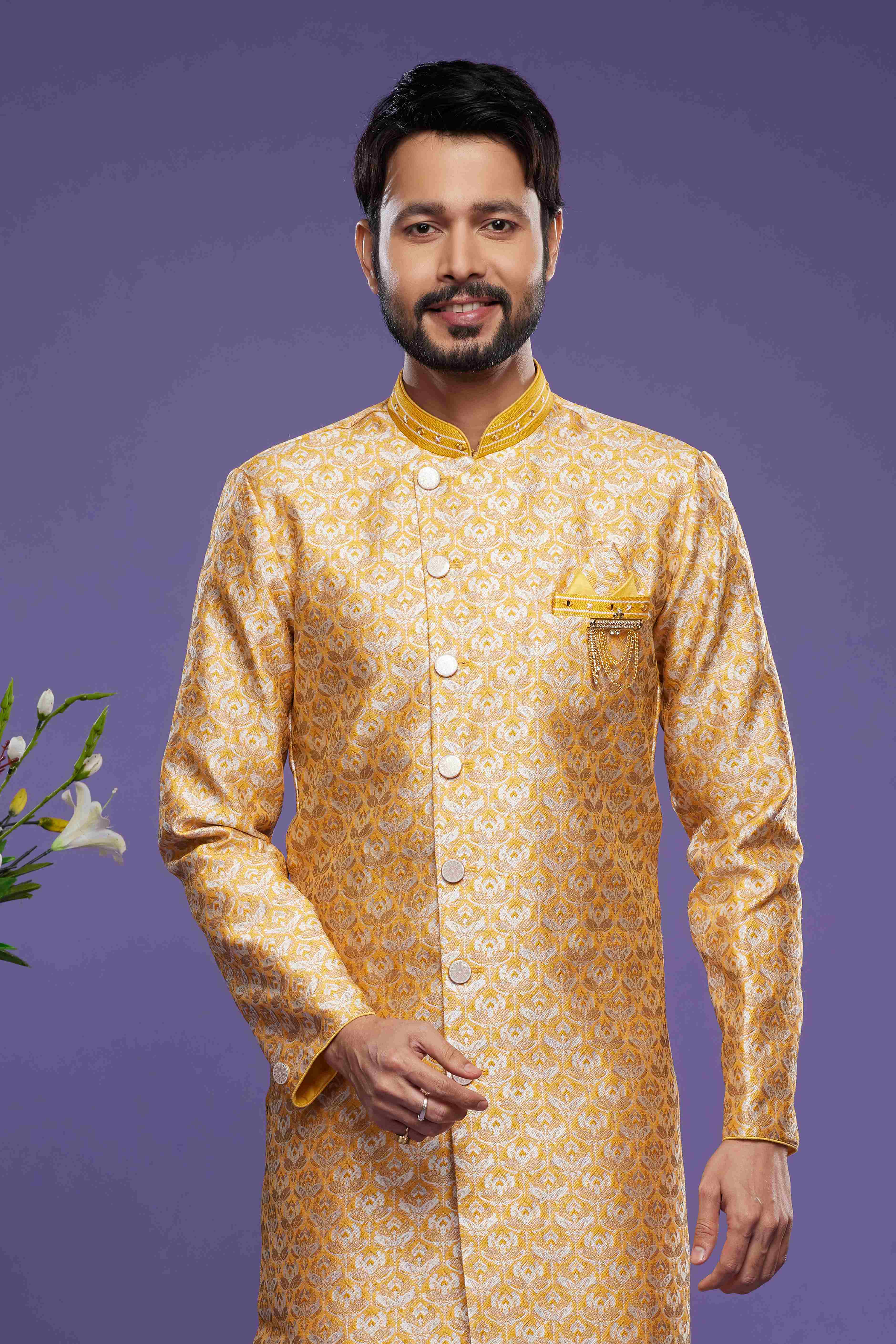 Raivat Ethnic Banarasi Jacquard Embroidery Semi Indo Western Sherwani In Yellow Colour