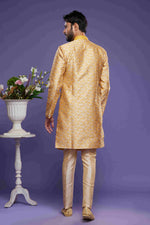 Thumbnail for Raivat Ethnic Banarasi Jacquard Embroidery Semi Indo Western Sherwani In Yellow Colour